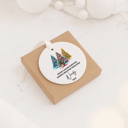 Cancer Survivor Ornament — Personalized ‘Proud Cancer Survivor: Shining Brighter Than Ever’ Ceramic Christmas Decoration (Name & Year)