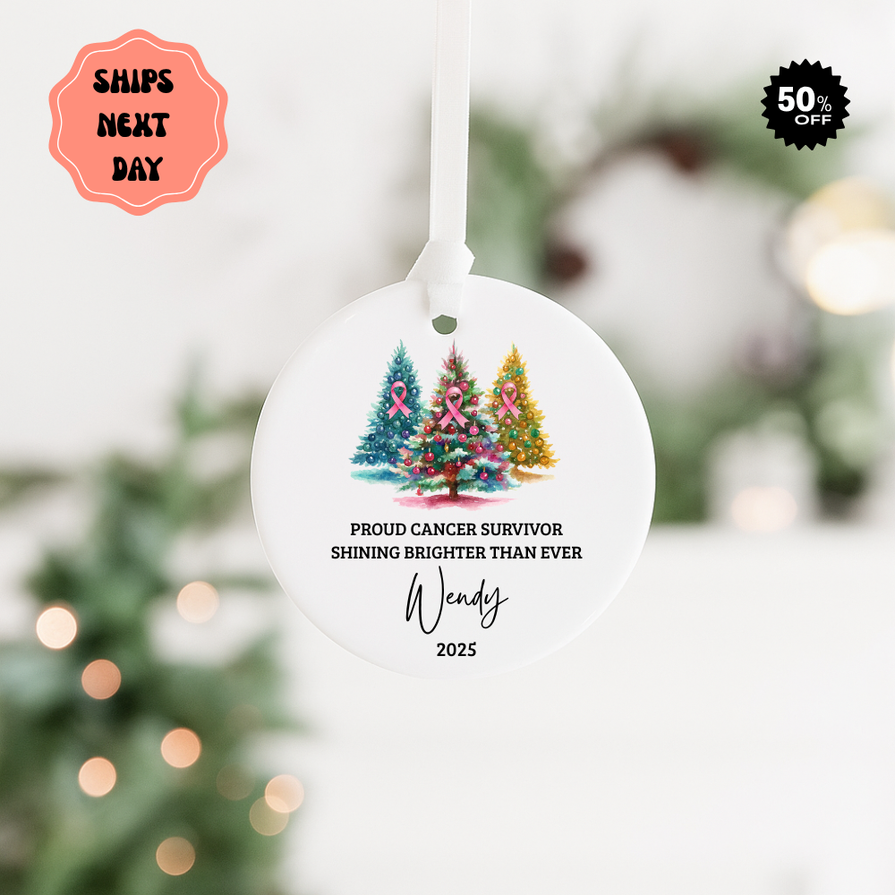 Cancer Survivor Ornament — Personalized ‘Proud Cancer Survivor: Shining Brighter Than Ever’ Ceramic Christmas Decoration (Name & Year)