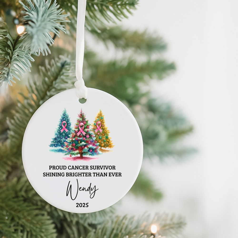 Cancer Survivor Ornament — Personalized ‘Proud Cancer Survivor: Shining Brighter Than Ever’ Ceramic Christmas Decoration (Name & Year)