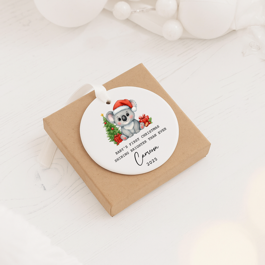 Personalized Baby's First Christmas Ceramic Ornament — Koala with Santa Hat, Custom Name & Year 2025