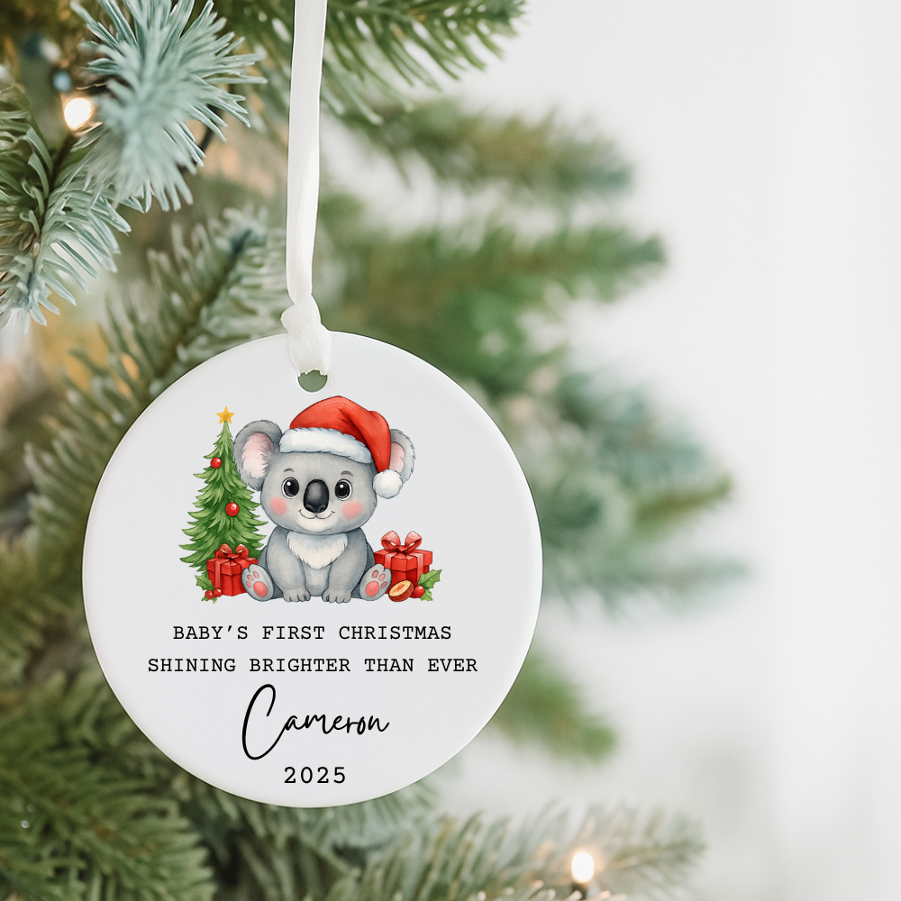 Personalized Baby's First Christmas Ceramic Ornament — Koala with Santa Hat, Custom Name & Year 2025