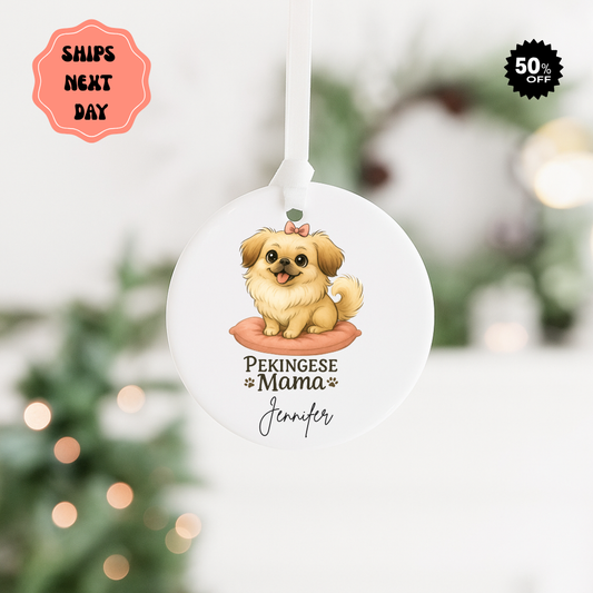Pekingese Mama Ceramic Ornament — Personalized Dog Mom Christmas Decoration