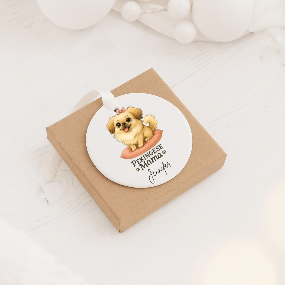 Pekingese Mama Ceramic Ornament — Personalized Dog Mom Christmas Decoration