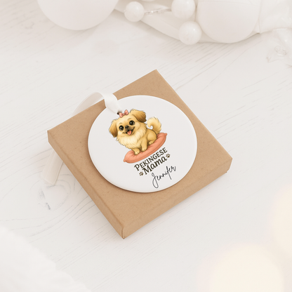 Pekingese Mama Ceramic Ornament — Personalized Dog Mom Christmas Decoration