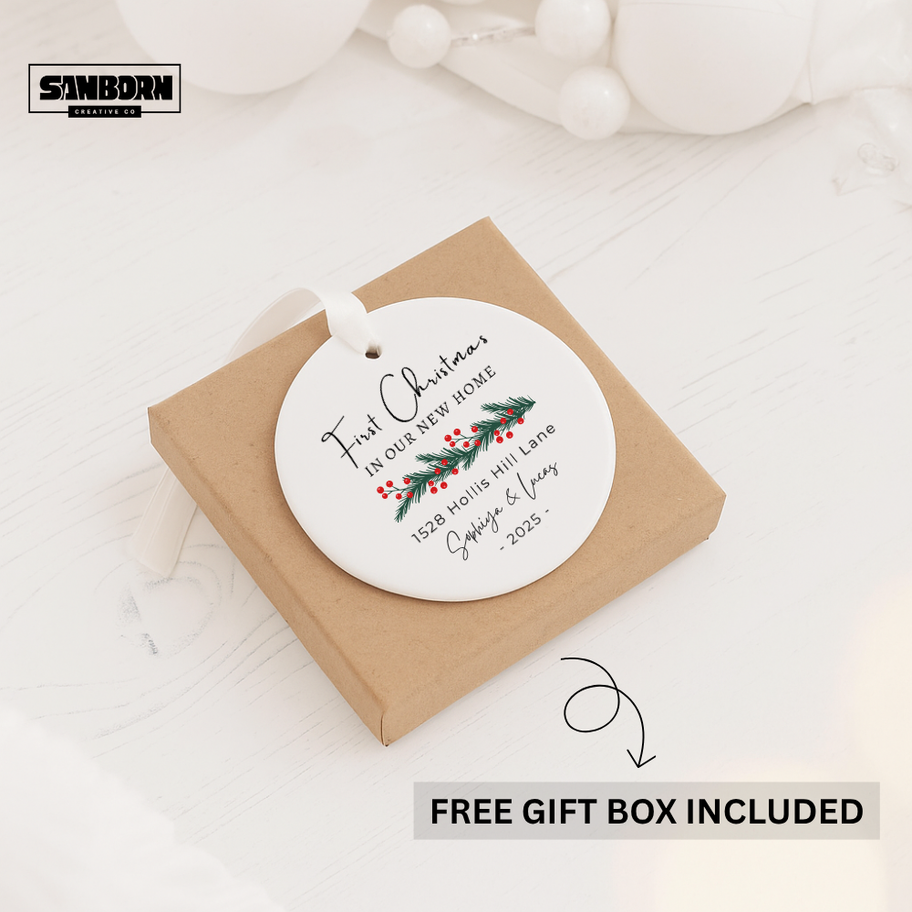 First Christmas in Our New Home Ceramic Ornament — Personalized Address & Names, 2025