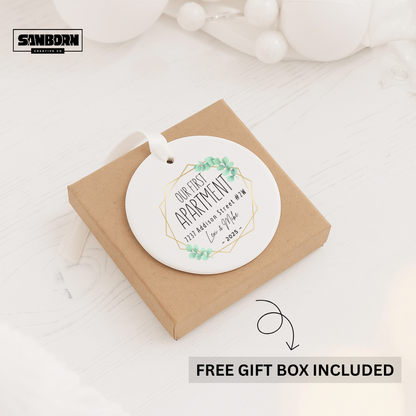 Our First Apartment Ceramic Ornament — Personalized Address & Names (Eucalyptus Gold Frame, 2025)