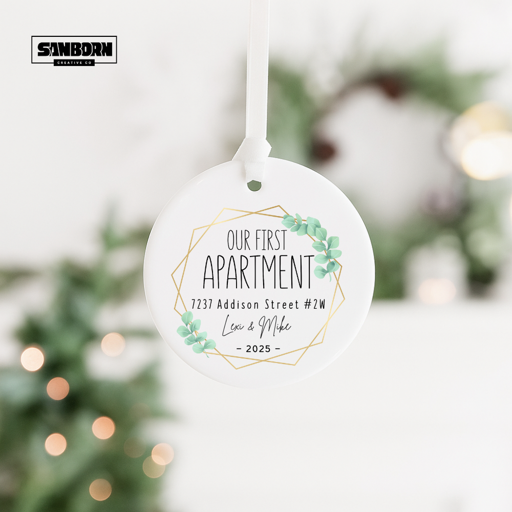 Our First Apartment Ceramic Ornament — Personalized Address & Names (Eucalyptus Gold Frame, 2025)