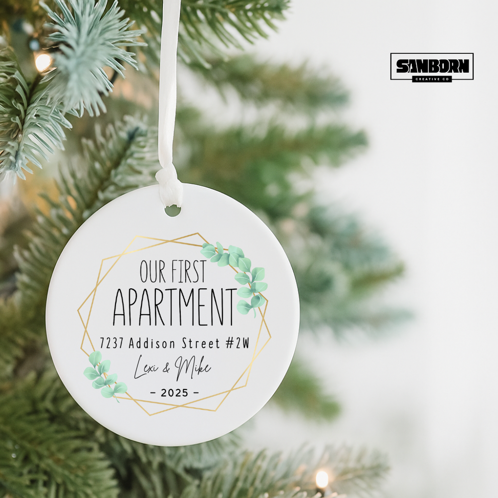 Our First Apartment Ceramic Ornament — Personalized Address & Names (Eucalyptus Gold Frame, 2025)