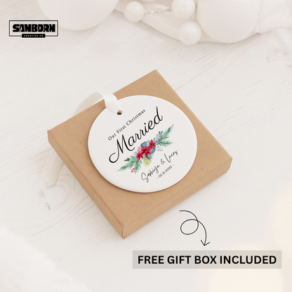 First Christmas Married Ceramic Ornament — Personalized 'Our First Christmas Married' Holiday Keepsake