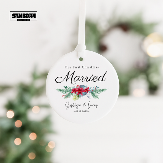 First Christmas Married Ceramic Ornament — Personalized 'Our First Christmas Married' Holiday Keepsake