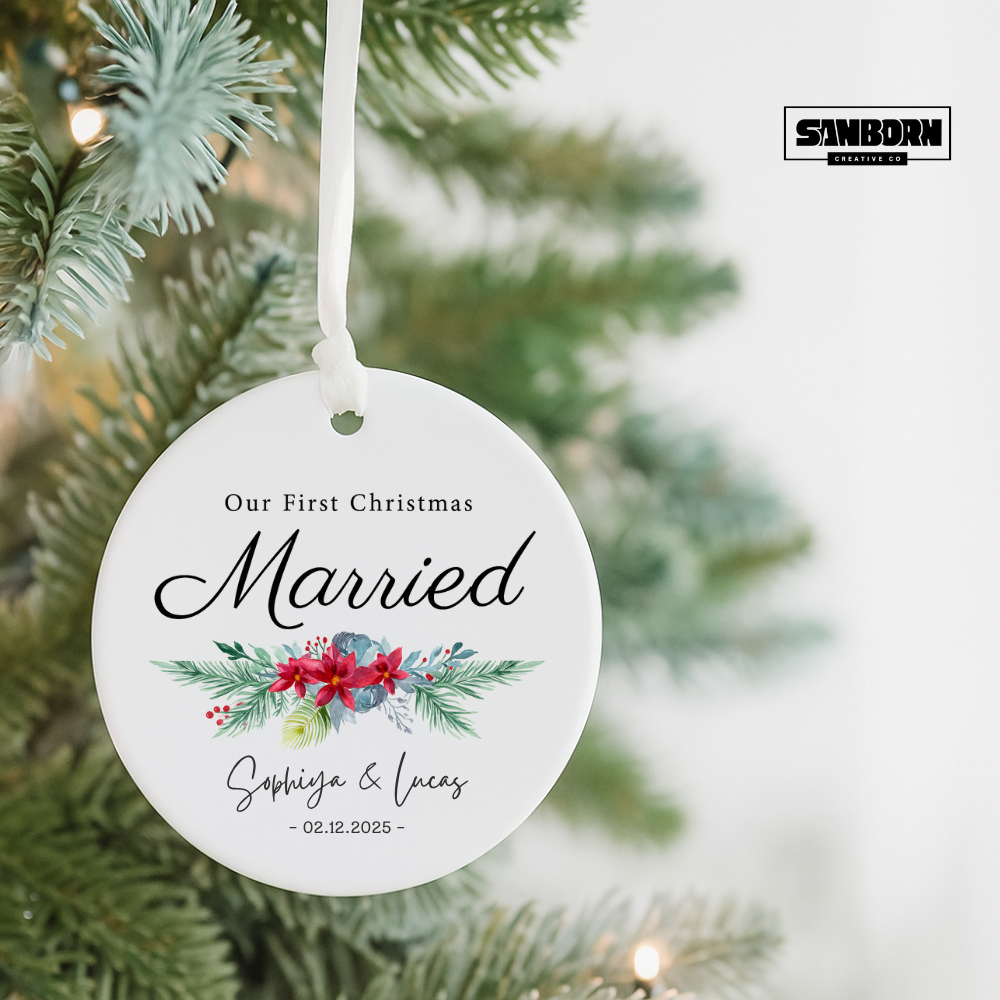 First Christmas Married Ceramic Ornament — Personalized 'Our First Christmas Married' Holiday Keepsake
