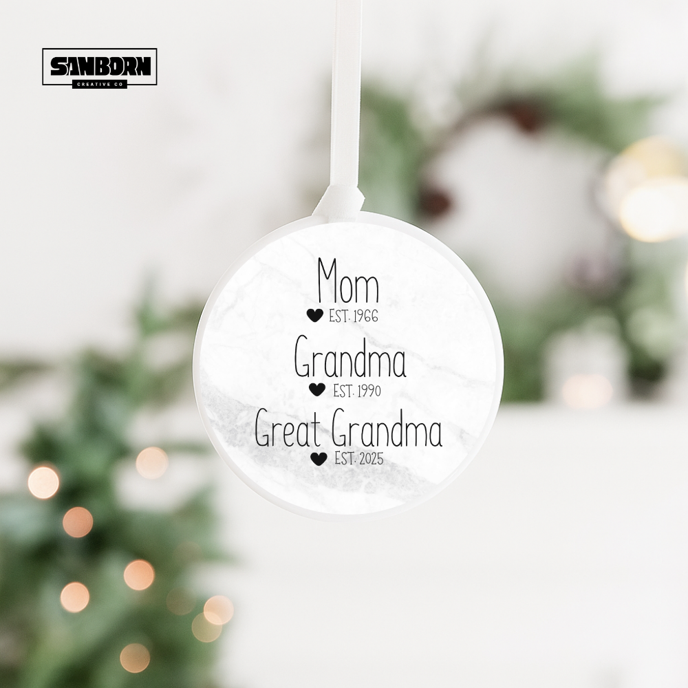 Ceramic Ornament — "Mom (Est. 1966) / Grandma (Est. 1990) / Great Grandma (Est. 2025)" Family Keepsake