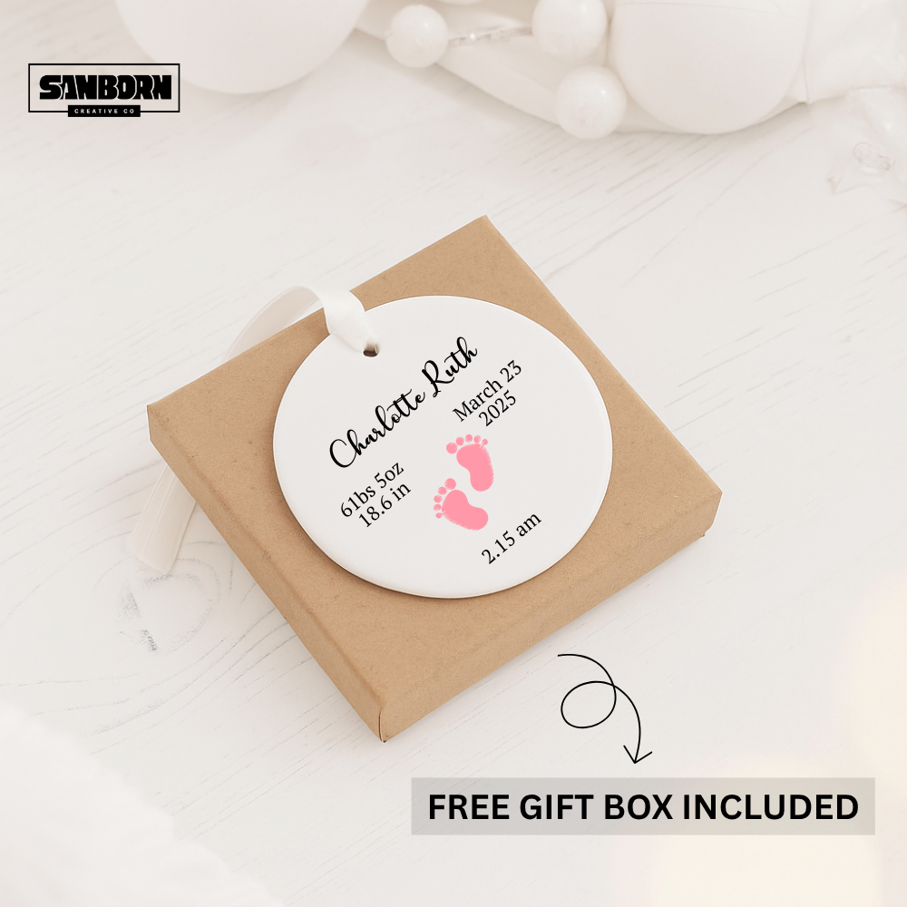 Baby Birth Ornament — Personalized Newborn Keepsake with Name, Birth Date & Pink Footprints