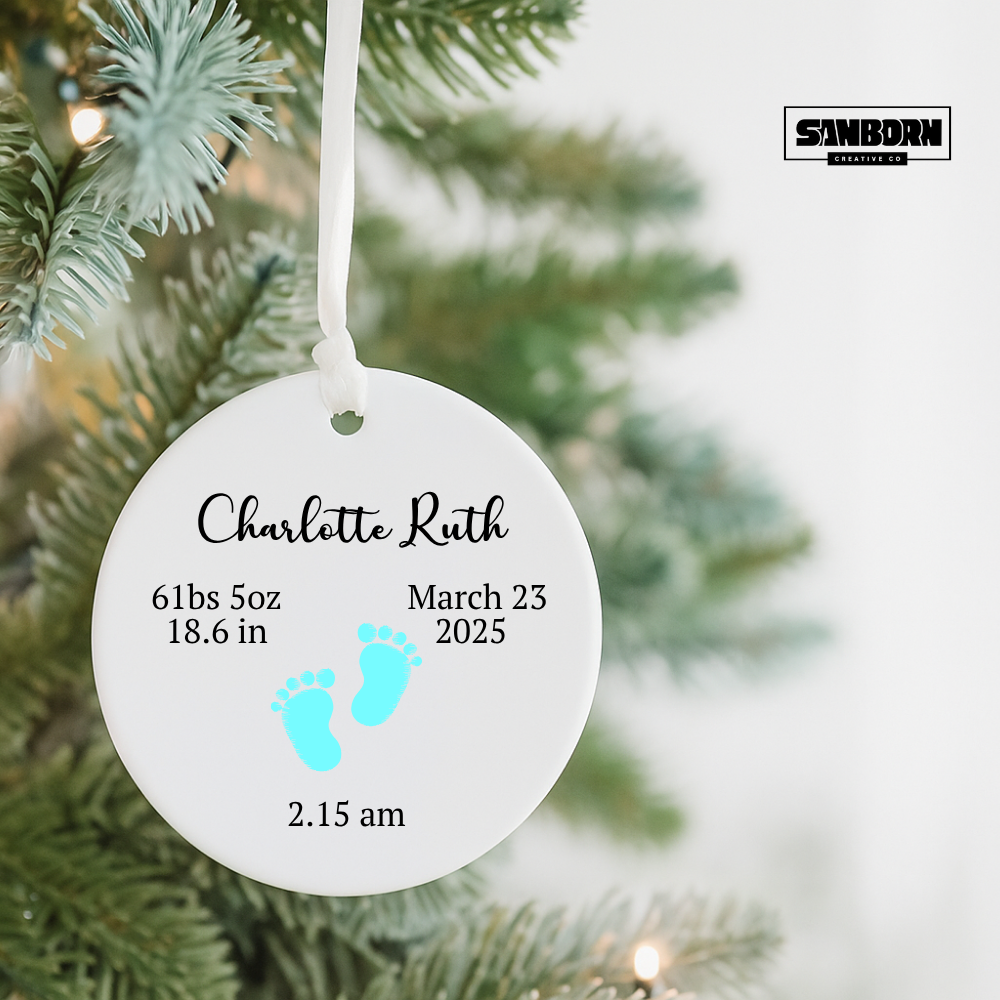 Baby Birth Ornament — Personalized Newborn Keepsake with Name, Birth Date & Pink Footprints