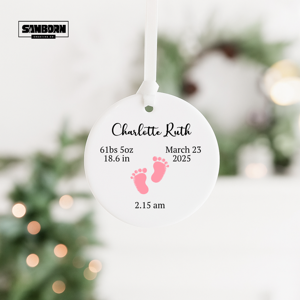 Baby Birth Ornament — Personalized Newborn Keepsake with Name, Birth Date & Pink Footprints