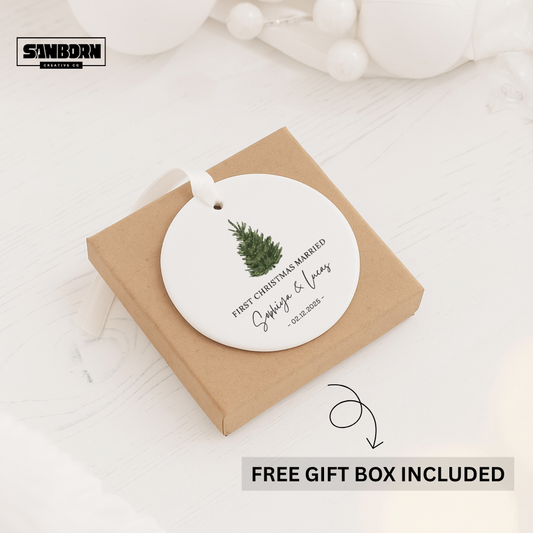 First Christmas Married Ceramic Ornament — Personalized Newlywed Tree Keepsake