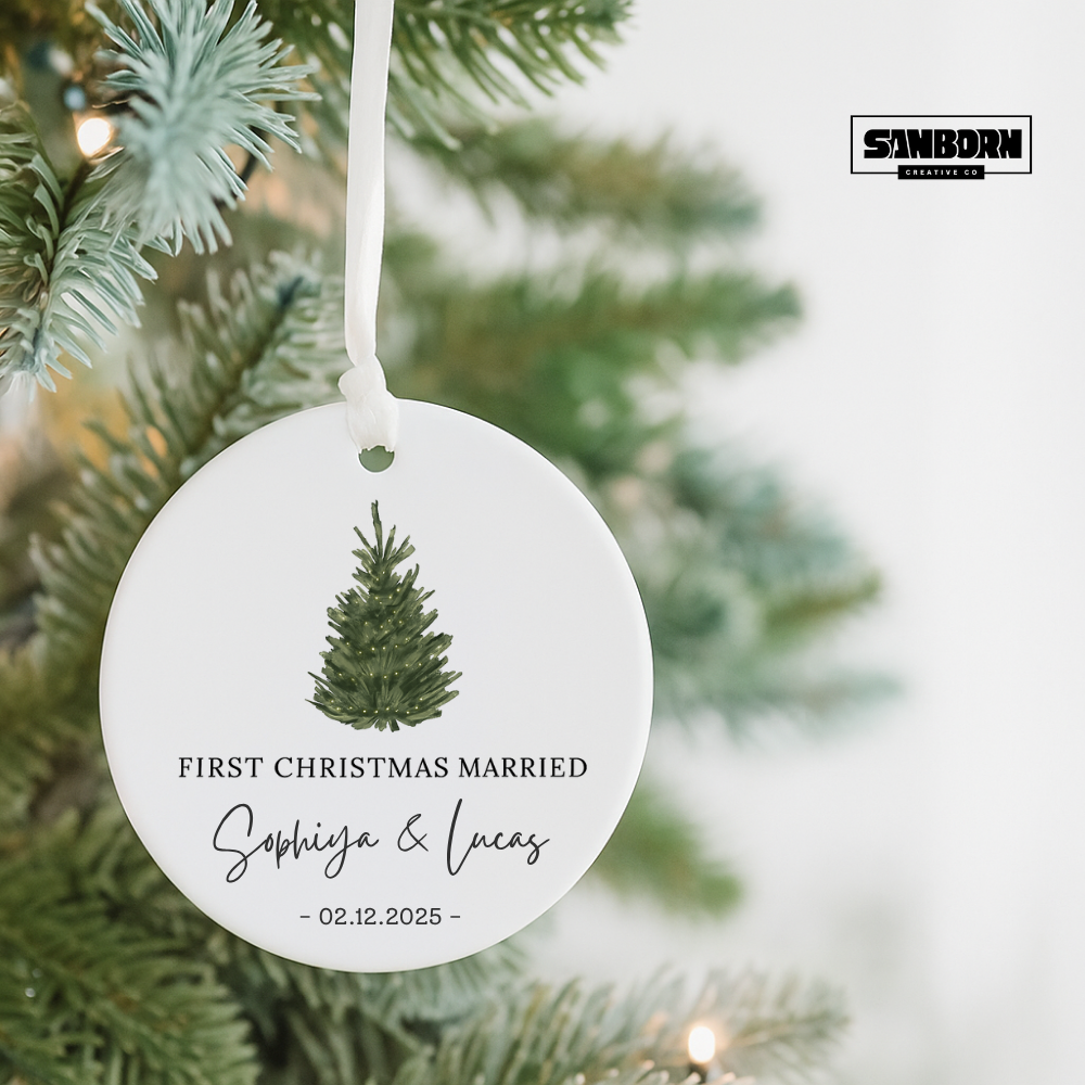 First Christmas Married Ceramic Ornament — Personalized Newlywed Tree Keepsake