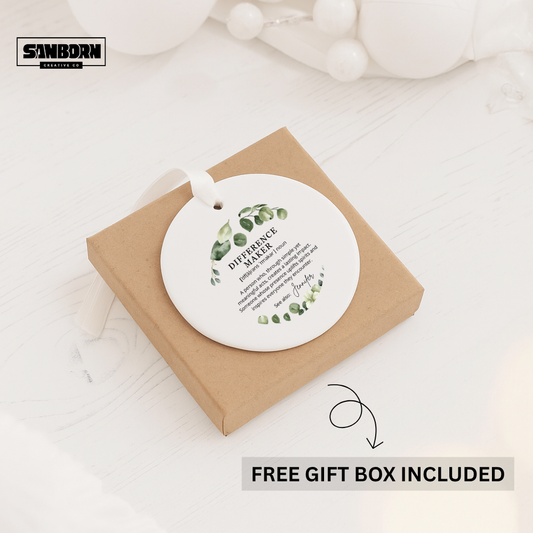 Difference Maker Ceramic Ornament – Personalized Inspirational Gift with Eucalyptus Design