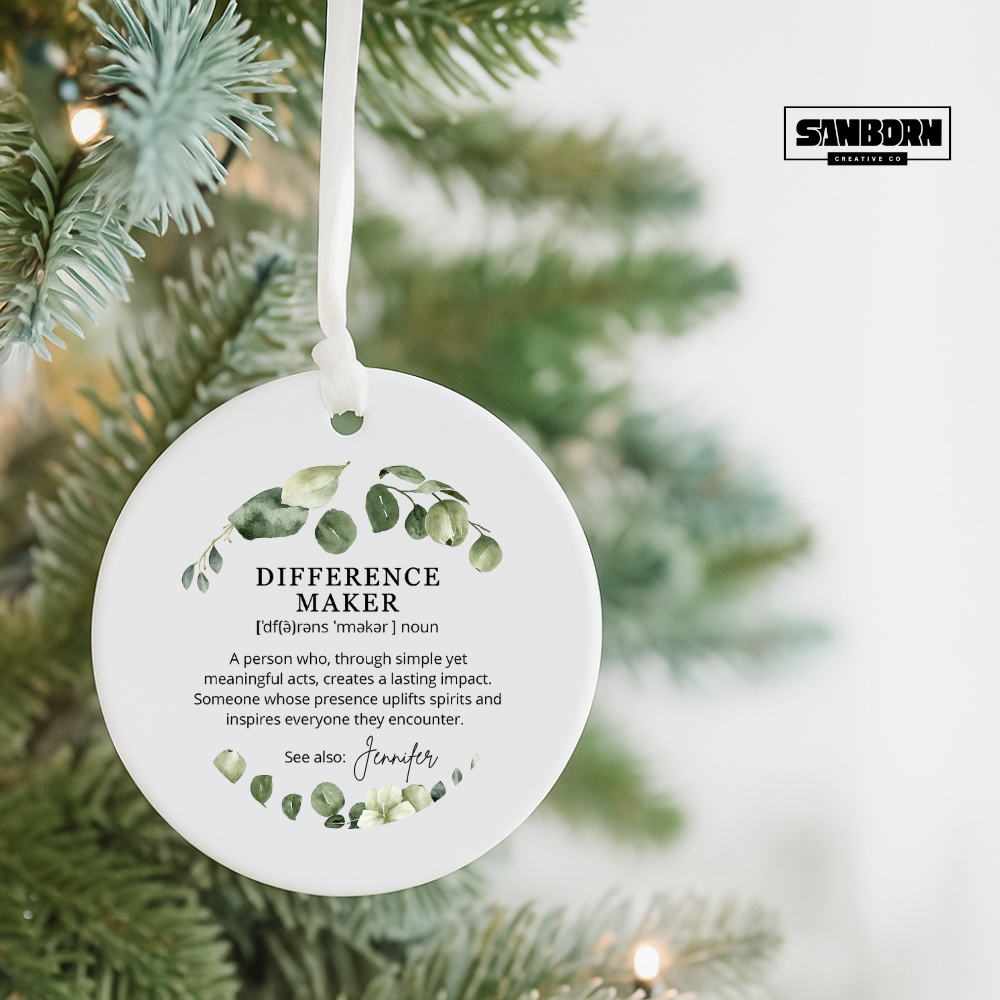 Difference Maker Ceramic Ornament – Personalized Inspirational Gift with Eucalyptus Design