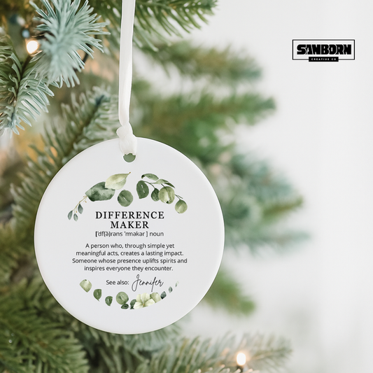 Difference Maker Ceramic Ornament – Personalized Inspirational Gift with Eucalyptus Design