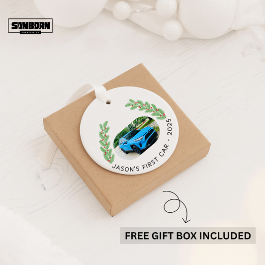 Personalized Ceramic Ornament - "Jason's First Car - 2025" with Photo & Laurel Wreath