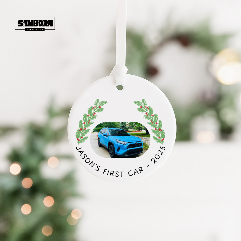 Personalized Ceramic Ornament - "Jason's First Car - 2025" with Photo & Laurel Wreath