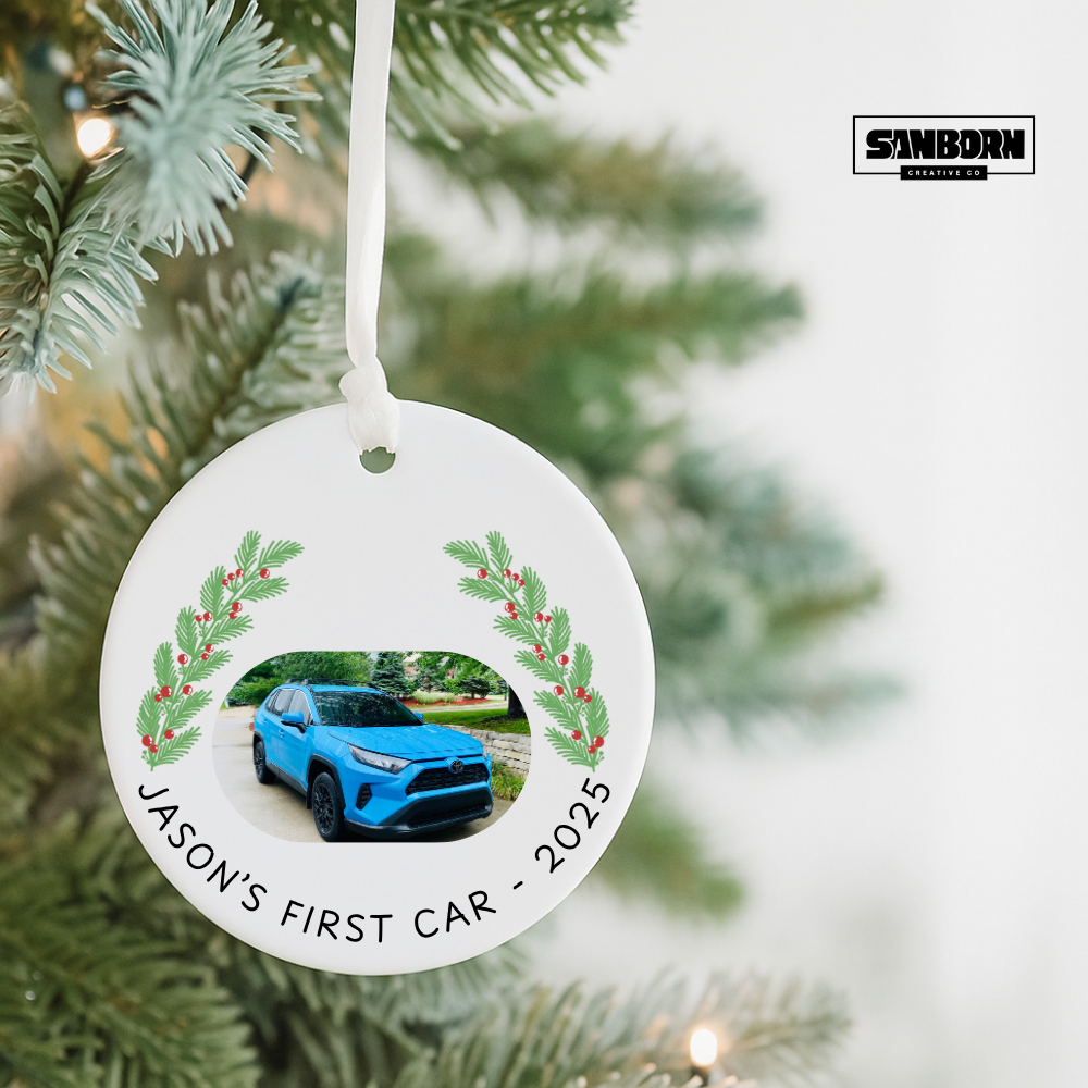 Personalized Ceramic Ornament - "Jason's First Car - 2025" with Photo & Laurel Wreath