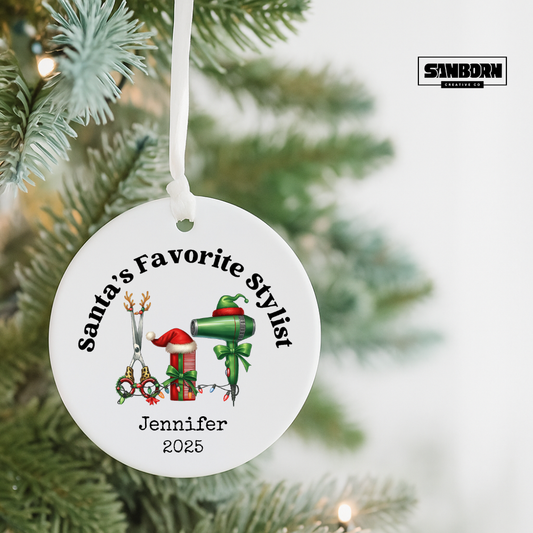 Santa’s Favorite Stylist Ceramic Ornament — Personalized Hairdresser Christmas Decoration