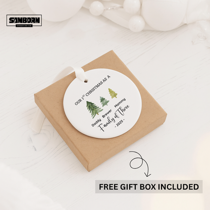 Family of Three Ceramic Christmas Ornament — "Our 1st Christmas as a" Personalized 2025 Tree Decoration