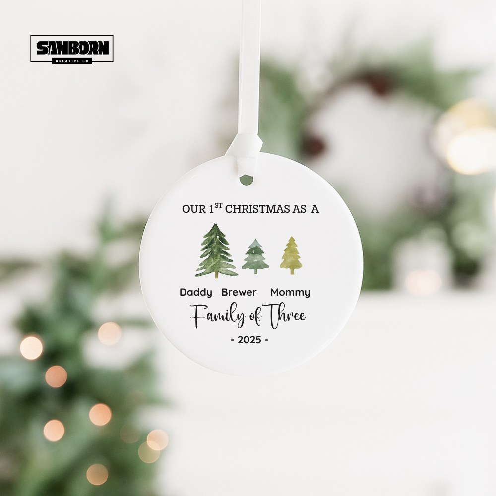 Family of Three Ceramic Christmas Ornament — "Our 1st Christmas as a" Personalized 2025 Tree Decoration