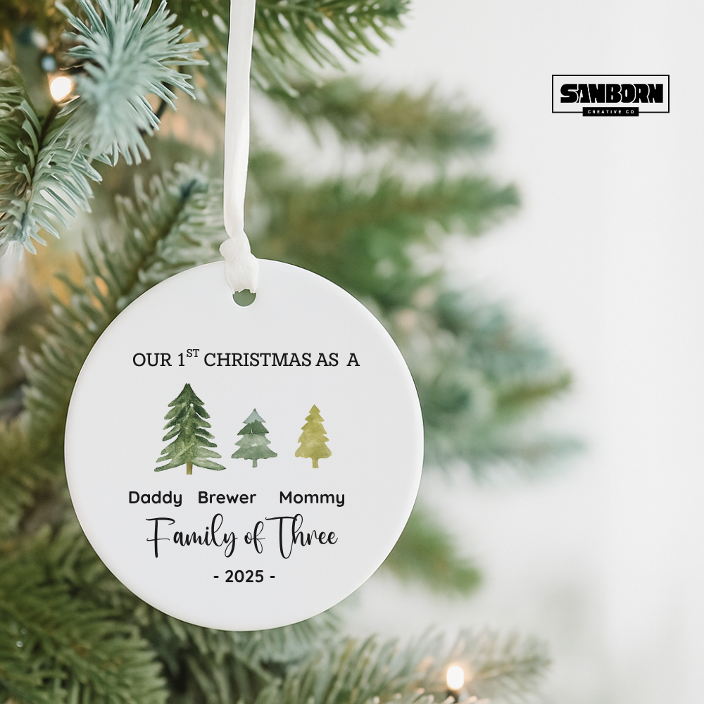 Family of Three Ceramic Christmas Ornament — "Our 1st Christmas as a" Personalized 2025 Tree Decoration