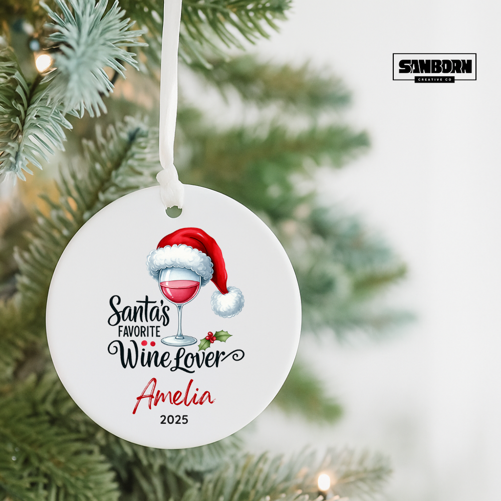 Santa’s Favorite Wine Lover Ceramic Ornament — Personalized Christmas Decoration (Name & Year)