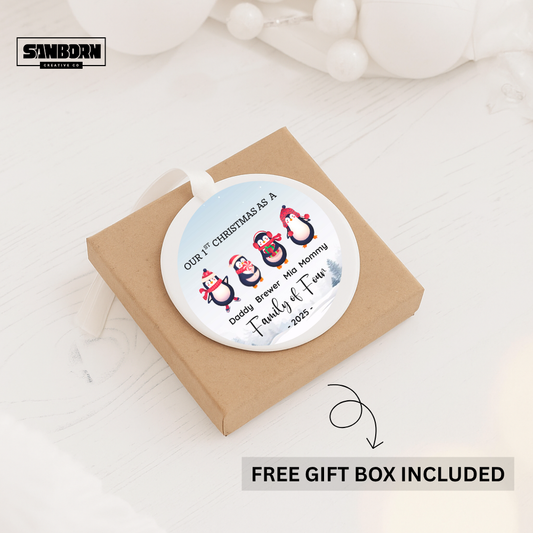 Personalized Penguin Family Ornament – "Our 1st Christmas as a Family of Four" Ceramic Holiday Decoration (2025)