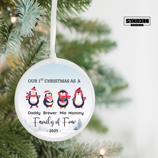 Personalized Penguin Family Ornament – "Our 1st Christmas as a Family of Four" Ceramic Holiday Decoration (2025)